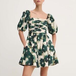 Abercrombie & Fitch Emerson Poplin Green Floral Print Puff Sleeve Mini Dress